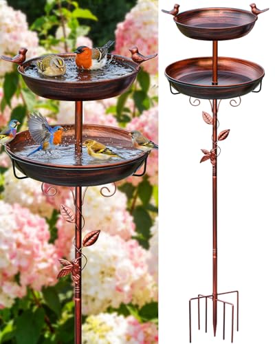 Metal Bird Bath for Outside - Outdoor Garden Decor Birdbath 2-Tier Water Bowl with Copper Finish Stake Adjustable Height 45'' Tall for Yard