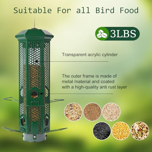 Squirrel Proof Bird Feeders with Removable Base, Metal Wild Bird Feeder for Outdoors Hanging, 6 Weight-Activated Ports Perches, 3LB Seed Capacity(Green) - color: Green