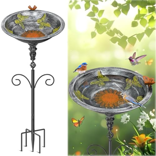 35In Bird Bath for Outside, Vintage Metal Birdbaths & Birdfeeder with 5 Prong Bases for Outdoors, Freestanding Bird Feeder Bowl with for Garden Yard Lawn Decor (Vintage Silver) - color: Vintage Silver