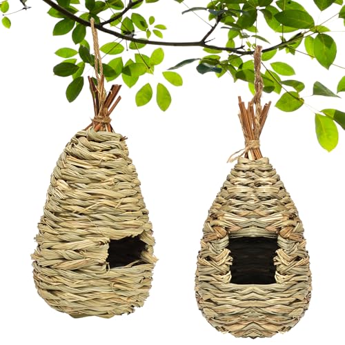 GUTE Hummingbird Houses 2Pcs Hand Woven Grass Hanging Bird Nest | Natural Hibiscus Grass,Hand-Knitted,Sturdy Shelter,Ventilated Cozy Design,Blends in Trees,Easy to Hang,Garden,Window. - color: Water Drop Shape, size: 2Pack