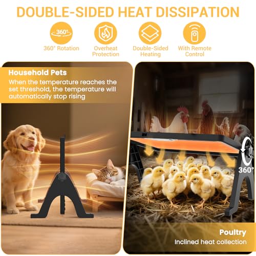 Chicken Coop Heater Brooder Plate, 180W Dual-Heating Chicken Heater | Thermostat | Cycle Mode | Light, Remote Control Chick Heater for Coop, Adjustable Chicken Warmer for Poultry, UL-Compliant - color: Black