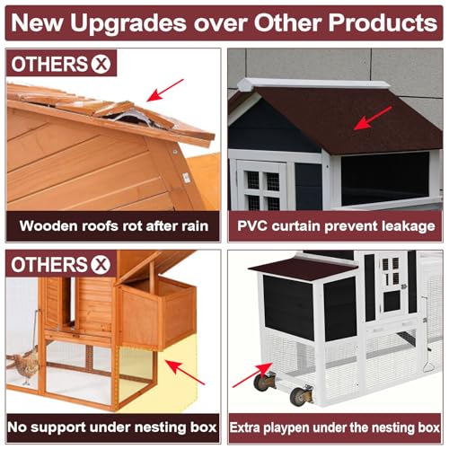 Chicken Coops for 1-2 Chickens with Wheels, Outdoor Wooden Hen House with Nesting Box, Large Rabbit Hutch, Outside Poultry House, Wire Fence Run Cages, Weatherproof for Backyard(Black) - size: 80.0"L x 24.2"W x 39.0"H
