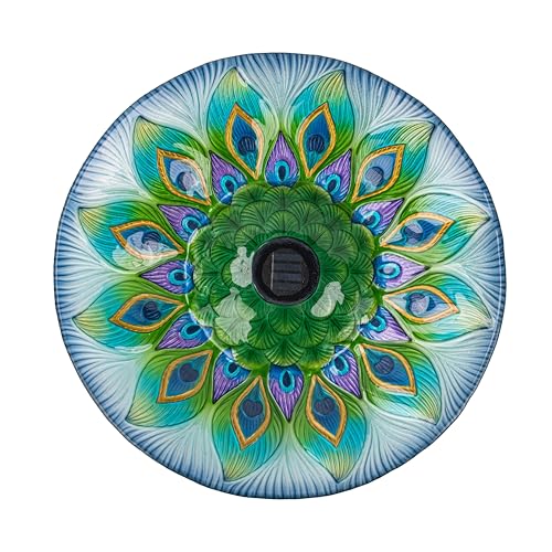 Teamson Home 17.8 in. Round Fusion Glass Birdbath, Multicolored | Peacock Design, Solar-Powered Light, Foldable Metal Stand, Ground Hook - color: Green Peacock, style: Solar