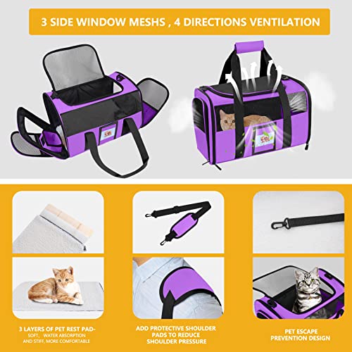 17" Airline Approved Cat Carrier for Cats up to 15lbs, Purple | TSA compliant fits under seat, soft-sided lightweight, 4-side breathable mesh,collapsible food bowl for travel - color: Purple