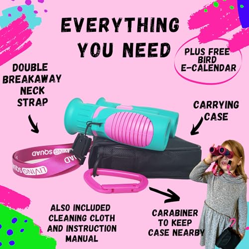 Kids Binoculars Ages 3-12, 8x21 Compact Shockproof Turquoise | bird watching, hiking, for boys, outdoor adventures, includes carry case, neck strap, compass, carabiner - color: Turquoise/Pink