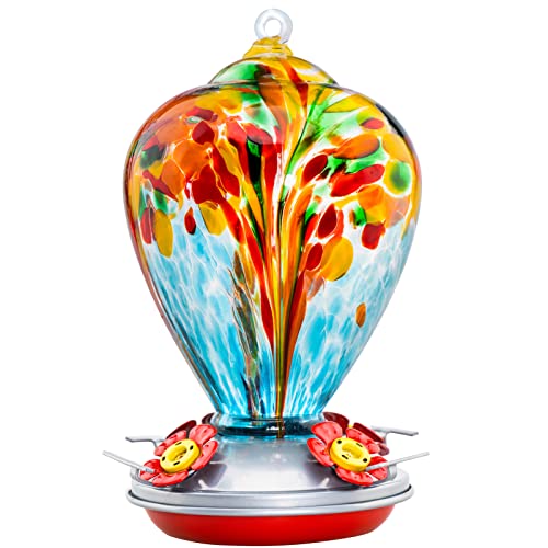 Hummingbird Feeder, 34OZ Hand Blown Glass Hummingbird Feeders for Outdoors Hanging, 4 Feeding Perch with Ant Moat Leakproof, Garden Yard Decor Gifts for Women Mom (Holiday Balloon) | Decorative Self Hanging Nectar Bird Feeder for Hummingbirds, Garden Pati