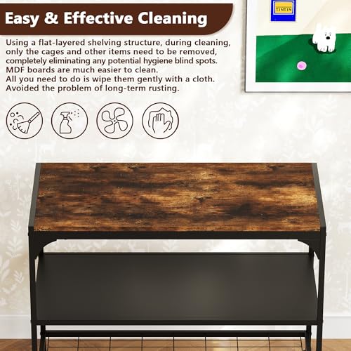 3-Tier Mobile Small Animal Cage Stand with Wood Tabletop, Lockable Caster Wheels, Storage Shelves for Small Animal Habitat for Hamster, Rabbit, Guinea Pig, Furniture Style Design