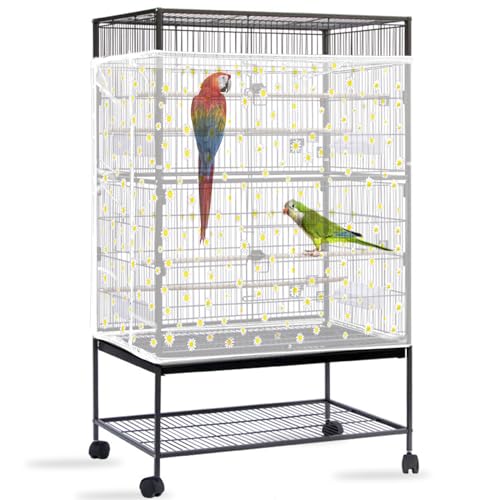 Daoeny Bird Cage Seed Catcher, Large Bird Cage Cover, Adjustable Soft Airy Nylon Mesh Net, Birdcage Cover Skirt Seed Guard for Parrot Parakeet Macaw African Round Square Cages (White, Daisy Design) - color: White, Daisy Design