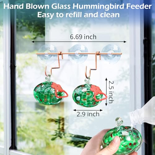 Pozfun Set of 2 Hummingbird Feeders for Outdoors Hanging,Hand-Blown Glass Hummingbird Feeder with Silicone Feeding Perch,Never Leak,Gardening Gifts for Woman Man(Red) - color: Dotted Green