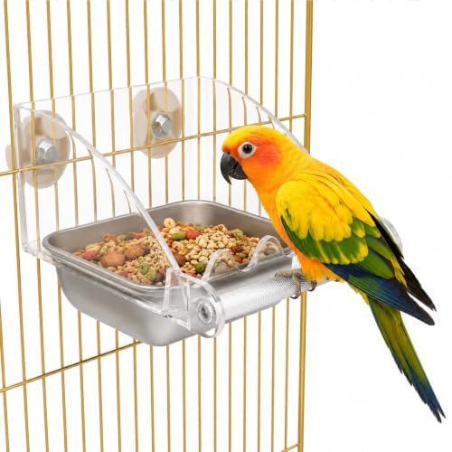 No Mess Bird Cage Feeder Large Capacity Stainless Steel Bird Feeder | No Mess Birds Food Bowl Stainless Steel Birds Bowls with Anti-Slip Perch Stand for Parakeets Budgies Parrots Cockatiels