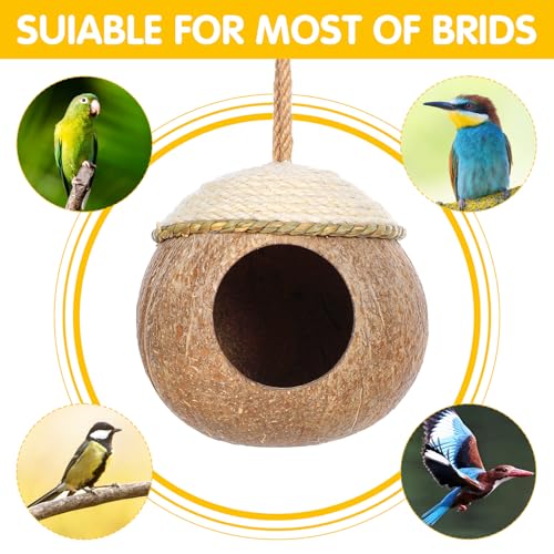 3 Pcs Natural Coconut Bird Hide Nest Hut for Cage with Woven Straw Bird Parakeet Coconut Fiber Hanging Birdhouse Cage Habitats Decor for Parrot Cockatiel Lovebird Finch Squirrel Hamster