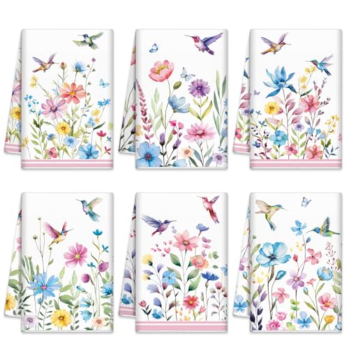 Oudain Set of 6 Wildflower Hummingbirds Kitchen Towels Floral Dish Hand Tea Towels for Bird Lovers Women Spring Summer Party Holiday Supply Bathroom Housewarming Gift - color: Wildflower