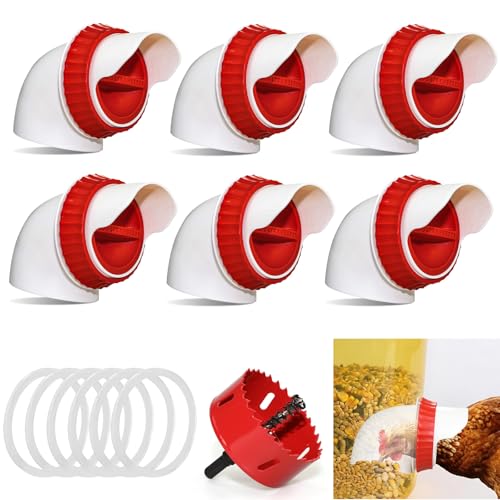 6PACK No Waste Chicken Feeder Ports, Chicken Feeder Cups for Bucket | DIY Chicken Feeder Kit with Hole Saw,Barrels,Bins,Troughs - size: 6 port with holesaw
