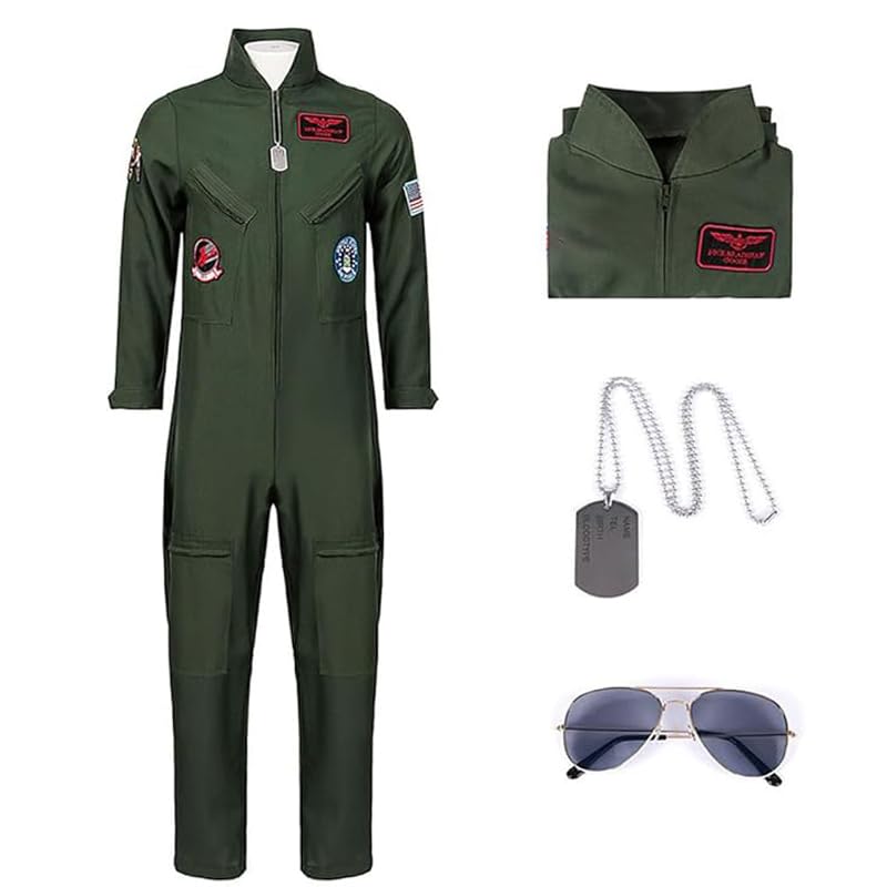 Flight Suit Costume Fighter Pilot Outfit for Men Halloween Cosplay Costume With Accessories Set - size: XX-Large