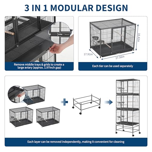 74 Inch Large Bird Cage, Large Flight Aviary with 3 Dividable Compartments for Parakeets Cockatiels Conures Finches, Heavy Duty Breeder Cage with Slide Out Trays for Multi Bird Homes, Black - color: Black