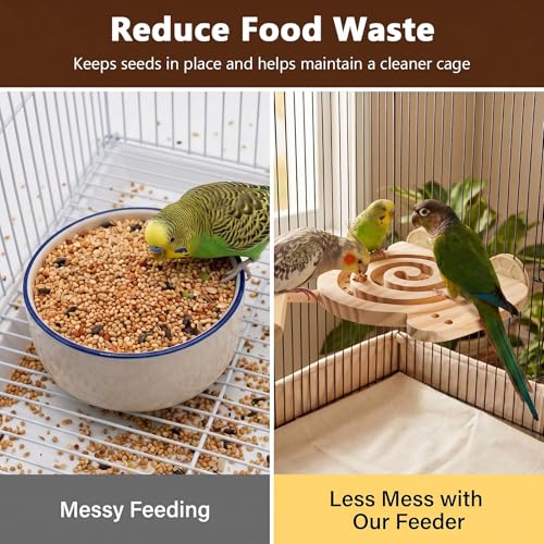 Bird Foraging Toys with Perch, Visible Slow Feeder Wooden Puzzle, Winding Grooves Help Reduce Mess, No Glue & No Exposed Screws, Include Extra Chew Perch for Novice/Older Birds