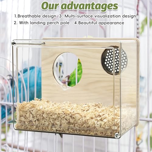 PINVNBY Transparent Acrylic Parakeet Nesting Box Budgie Breeding Box Bird Nest for Cage for Bird House with Perch for Parrots, Cockatiels, Lovebirds and Small Birds (L: 8.07 x 6.2 x 3.93 inch) - size: Acrylic,L: 8.07*6.2*3.93 inch