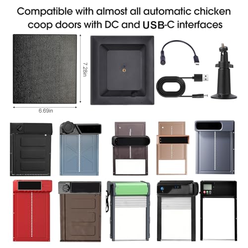 6W Solar Panel for Automatic Chicken Coop Door Compatible with Chicken Coop Door with DC/USB-C Port, Built-in 8000mAh Battery, with 9.8ft DC Cable & DC to USB-C Adapter Cable, IP65 Weatherproof