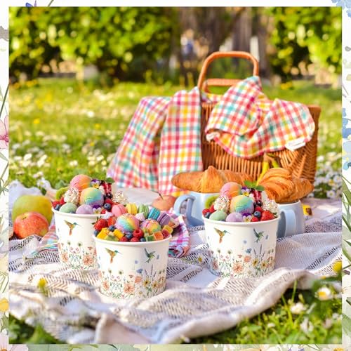 Funnymoom 50 Pack Wildflower Treat Snack Cups Spring Bird Flower Paper Ice Cream Cups 9 oz Hummingbird Floral Party Disposable Dessert Bowls for Hot or Cold Food Birthday Party Baby Shower Supplies - color: Fresh Green, style: Hummingbird
