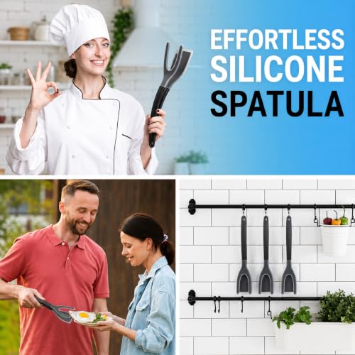 Silicone Egg Flipper Spatula Tongs (Set of 1) – Non-Stick 2-in-1 Grip & Flip Kitchen Tongs for Pancakes, Fish, Eggs, and More – Heat Resistant Cooking Tool (Black) - color: Black
