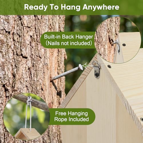 Bird House for Outside Hanging, Wooden Bird Houses for Outdoors with Feeding Tray, Bird Nesting Box for Garden Patio Tree Fence, Easy Clean Birdhouse with Hanging Rope for Small Wild Birds