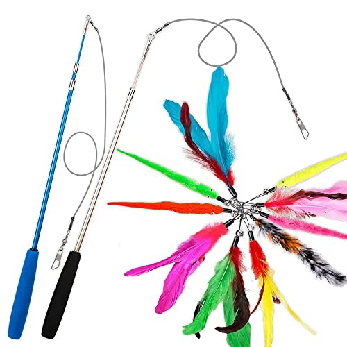 JIARON Cat Toys Interactive Feather Toy, 2PCS Retractable Wand and 10PCS Replacement Teaser with Bell Refills, Interactive Catcher and Funny Exercise for Kitten.