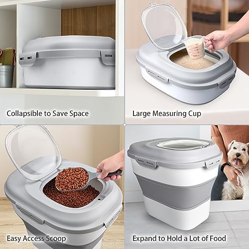 Rice Storage Bin Cereal Containers, 13-50lb Collapsible Rice Container Dispenser with Transparent Lid, Rolling Wheels, Measuring Cup and Scoop, Airtight Dog Cat Pet Food Storage Container White - color: White