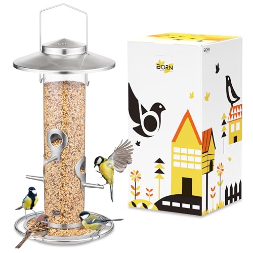 iBorn Metal Bird Feeder for Outside Hanging,Wild Bird Feeders for Cardinal,17cm Large Roof&Nickle,34.3CM Long,1.5lb Capacity 8 Ports (Seed is not Included) - color: nickle
