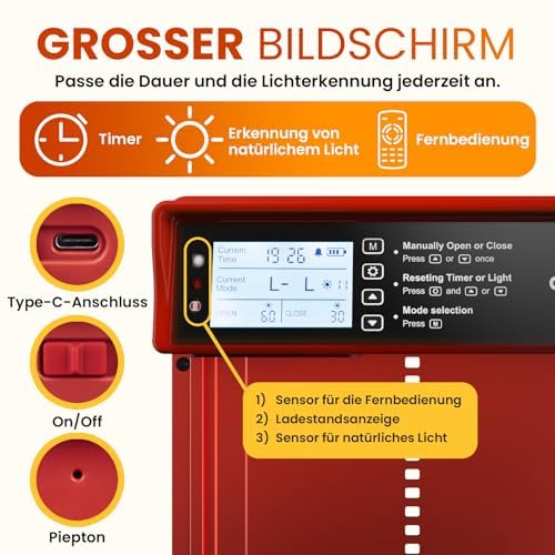 Okkobi Automatic Chicken Coop Door Solar Powered - LCD Display - Chicken Coop Door with Remote Control, Light Sensor & Timer - Security & Peace of Mind: Anti-Pinch Function - 5-Year Protection - Red - color: Red