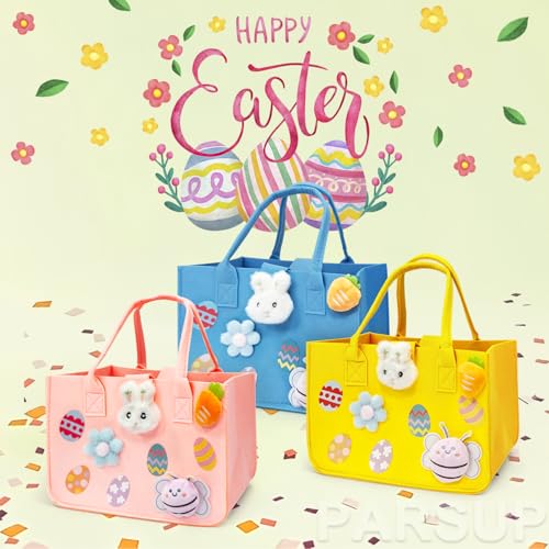 PARSUP 3PCS Easter Egg Hunt Bags Happy Easter Bunny Gift Bags with Handles, Easter Treat Bags, Felt Easter Bags for Gifts Wrapping, Egg Hunt Game, Easter Party Supplies, 12" x7.8" x6.8"