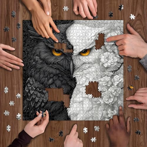 Yin Yang Owl Puzzle for Adults 1000 Pieces，Black and White Puzzles Owl Flowers, Impossible Difficult Hard Bird Jigsaw Puzzle, Animal Floral Art Challenge Puzzle Aesthetic - style: PT-986-Yin Yang Owl Puzzle