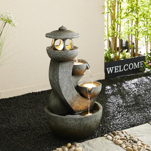 Glitzhome Pagoda Outdoor Water Fountain with LED Light, 4-Tier Oversized Cascading Stacked Stone Waterfall Fountains, Natural Stone Look Outdoor Fountain for Garden Patio Porch, 32”H - color: Pagoda