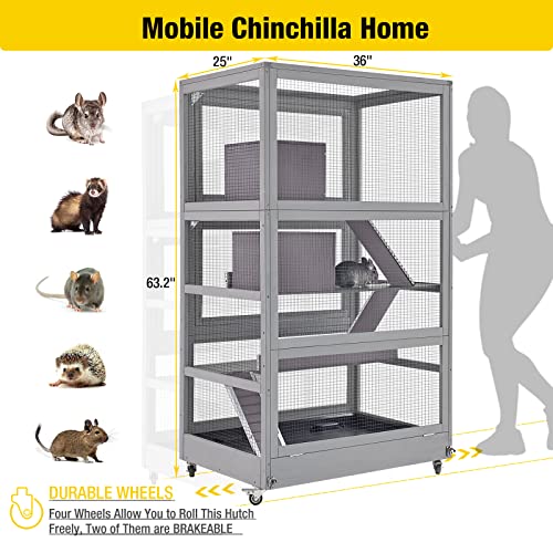 Aivituvin Chinchilla Cage Large Rolling Small Animal Cage for Adult Rats, 4 Level Ferret Cage Hutch for Ferret Bunny Indoor- Deluxe Home for Pets (Grey)