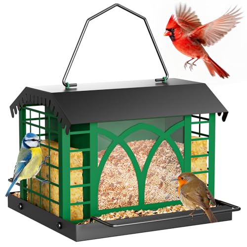 Bird Feeders for Outdoors Hanging, Metal Bird Feeder with Double Suet Cage Weatherproof Metal Roof, 3.5Lbs Large Capacity Great for Attracting Finch Cardinal Chickadee Wild Birds, Branch Green - color: Branch Green