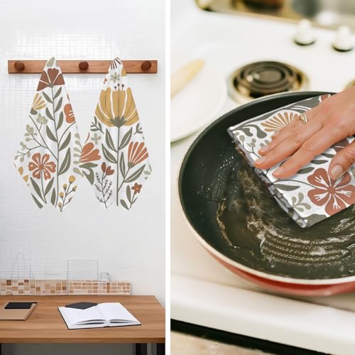2 Pcs Boho Floral Kitchen Towels, Boho Vintage Flower Waffle Hand Towels | Absorbent Microfiber Dish Cloth Tea Towel for Kitchen Home Decor, Home Gifts for Women Mom Grandma 24x14 Inch - color: Multi 1371
