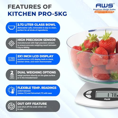 AWS Kitchen Pro 0.1g/0.001oz Precision Food Scale 5kg/11lb Digital Bowl Scale with Tempered Glass, | 2.72L Dishwasher-Safe Bowl, Tare, Timer, Clock & Room Temperature Display | Ultra Cooking Scale - size: 5000g x 1g