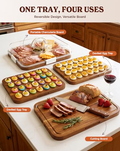 Deviled Egg Containers with Lid, Double-Sided Locking Design | Portable Acacia Wooden Base with 28 Slots, Deviled Egg Platter Carrier Holder Trays, for Party and Home Kitchen - color: White
