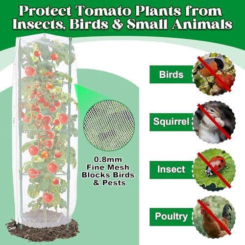 6 Pack Tomato Cage Netting Covers for Triangle Tomato Cages, 43" × 14.6" Fine Mesh Garden Netting with Easy-Access Zipper & Adjustable Drawstring, Durable Bird & Insect Barrier for Tomato Plants