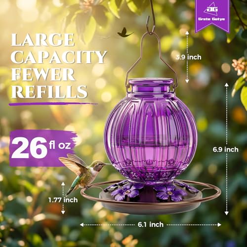 2 Pack Glass Hummingbird Feeder for Outdoors Hanging, Bird Nectar Feeder with Perch & 5 Flower Feeding Ports, 26 Oz Leak Proof for Outside Garden Decor Backyard, Gifts for Women Mom, Purple - color: Purple + Purple