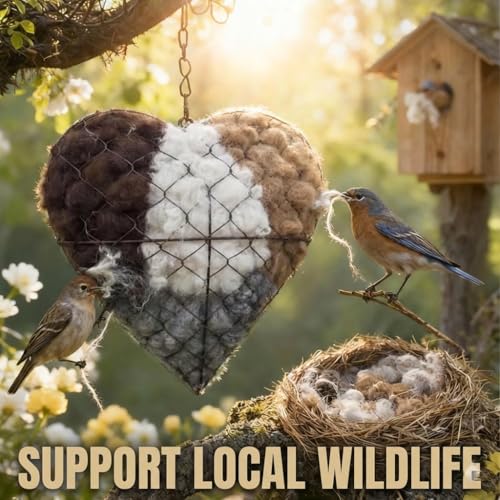 Bird Nesting Heart with Refillable Alpaca Fiber and Cotton Weather-Resistant Iron Frame Nesting Material Holder for Wild Birds Hummingbirds Garden Hanging Bird House Winter Shelter Decor Gift