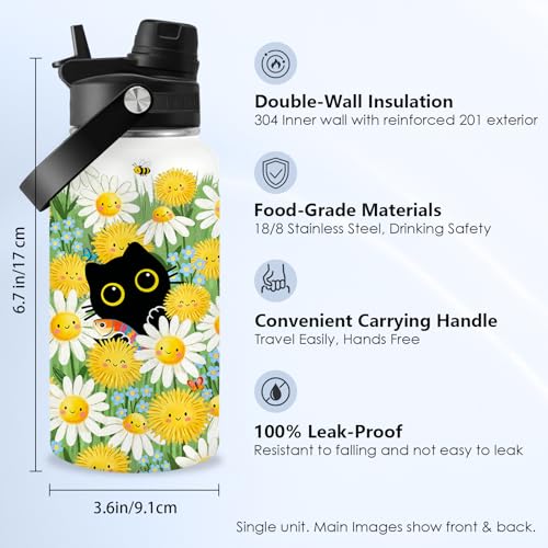 Black Cat Water Bottle 26oz with Handle Lid, Gift for Cat Lover Women | Flower Stainless Steel Insulated Tumbler with Handle & 2-in-1 Lid, Coffee Mug Insulated Travel Cup Birthday Gifts - color: BlackCat-Yellow