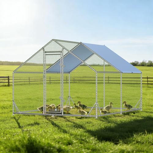 EUNHOO Large Metal Chicken Coop, 13x9.8x6.4ft Walk-in Poultry Enclosure with Peaked Roof and Waterproof Cover, Spacious Outdoor Chicken Run Cage for Backyard,Farm,Yard