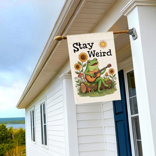 RZHV Stay Weird Double-Sided Garden Flag for Outdoor House Yard Sign Garden Decor Parade, Funny Frog Playing Guitar Sun Vertical Flag, Diversity Inclusive Outdoor Lawn House Patio Banner Decoration - color: Weird A