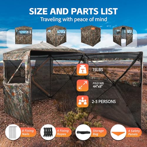 Hunting Blind See Through, Pop Up Ground Deer Blind, Large Door | 270/288/360 Degree See Thru, 1/2/3/4 Person Hunting Camouflage Tent, With/Without floor, Swing/Diamond/Horizontal Door Design - size: 2/3 Person/Double Door, style: 360°/Swing Door
