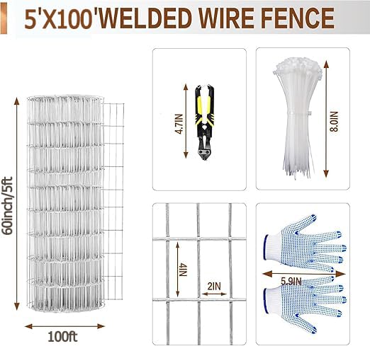 Tongmo 5 ft x 100 ft Galvanized Welded Chicken Wire Fence, 16GA Garden Chicken Wire Fence Roll, Mesh Size 2" x 4"Hardware Cloth, Ideal for Yard Protection and Poultry Netting - color: Galvanize, size: 5ft*100ft