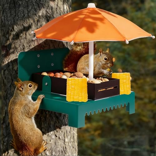 Heavy Duty Metal Squirrel Feeder Picnic Table with Umbrella - Rustproof Corn Cob Holder & Chipmunk Feeder for Tree/Fence, Funny Gift for Squirrel Lovers.(Orange) - color: ORANGE