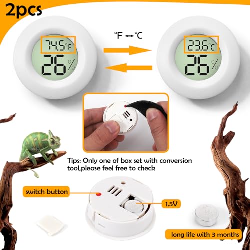 2 PCS White Reptile Thermometer and Humidity Gauge for Bearded Dragon Tank Accessories, Reptile Tank Accessories for Jumping Spider, Leopard Gecko, Hermit Crab, Gecko, Ball Python, Lizard - color: White Round
