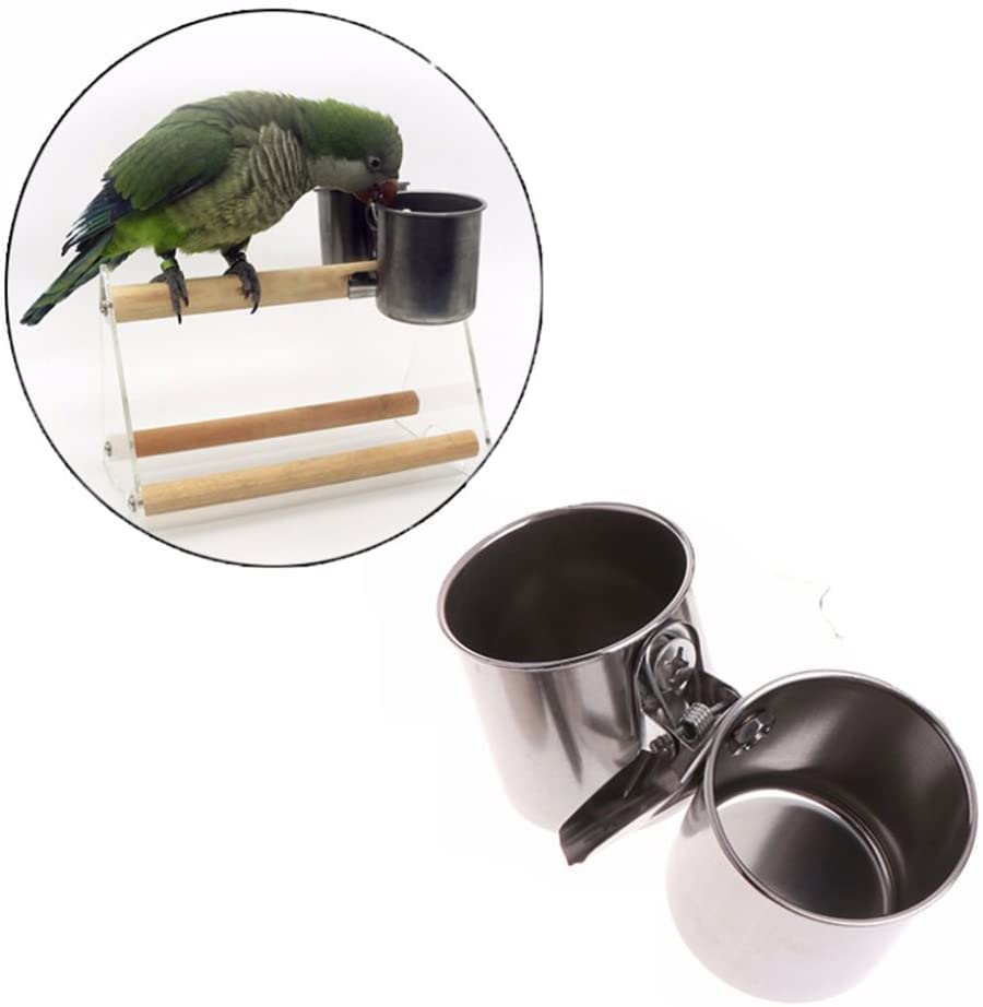Litewoo Stainless Steel Bird Feeding Cups with Clip for Parrot Cage | 304 stainless steel, durable & rustproof, clip-on design prevents tipping, for parakeet/cockatiel/conure, 2 cups