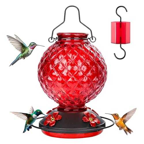 25 OZ Glass Hummingbird Feeder for Outdoors, Leak Proof Hummingbird Feeder with Ant Moat, 4 Bee Resistant Feeding Ports, Easy Clean Wide Mouth Design, Hanging Nectar Feeder, Red - color: Red - 25oz