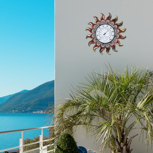VEWOGARDEN 13 Inch Sun Outdoor Thermometer Waterproof Metal Decorative Wall Indoor Outdoor Thermometer for Patio, Home & Garden - style: Sun(verdigris)